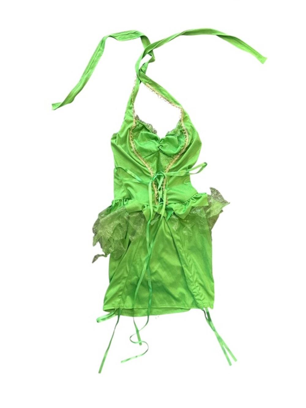 Fairy-core Lime Green Halter Mini Shimmer Glitter Dress Tulle Accents Adult XS